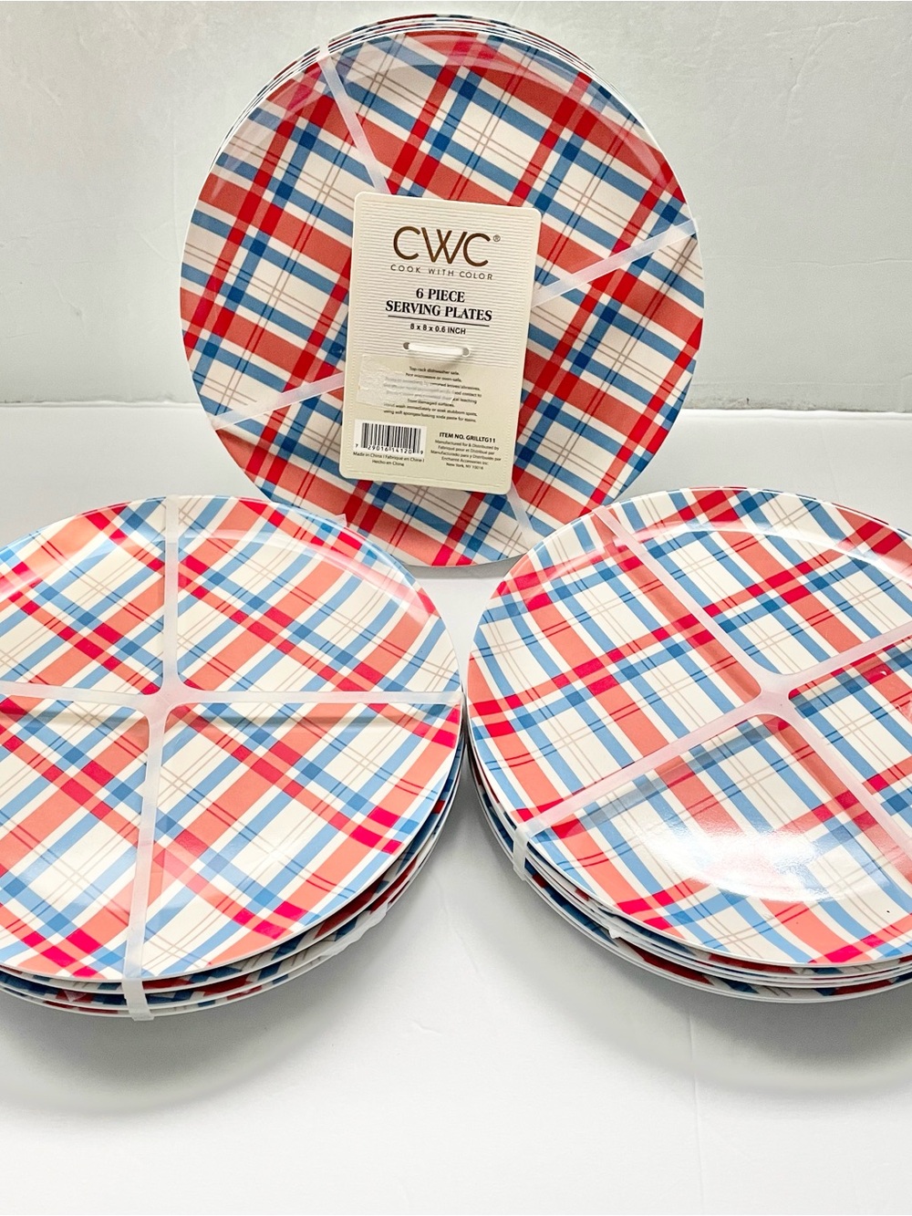 CWC Plaid Serving Plates in Red, Blue & White - Total 18